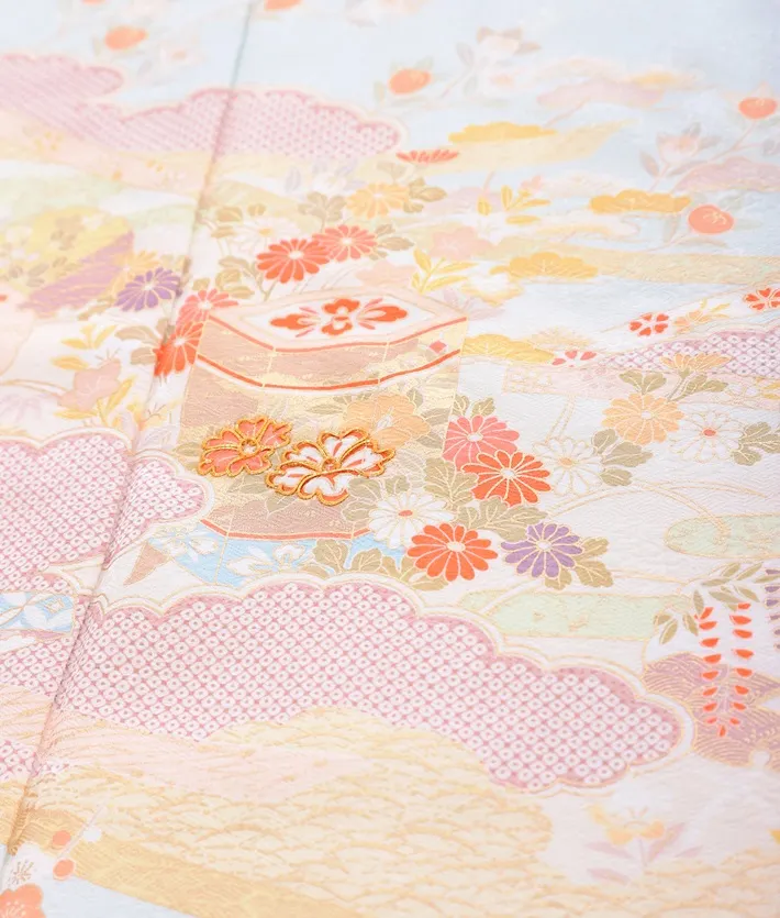 正絹訪問着ﾚ ﾝﾀﾙ 水色 雲取り 貝桶 8AD631