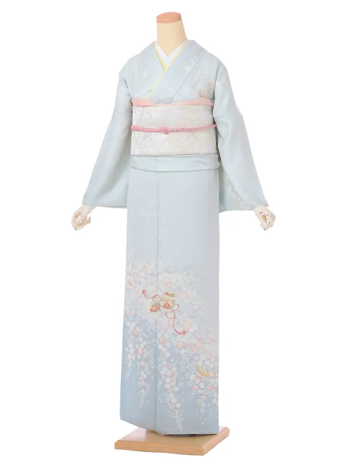 正絹訪問着ﾚ ﾝﾀﾙ 水色 古典 桜貝桶 8AD636