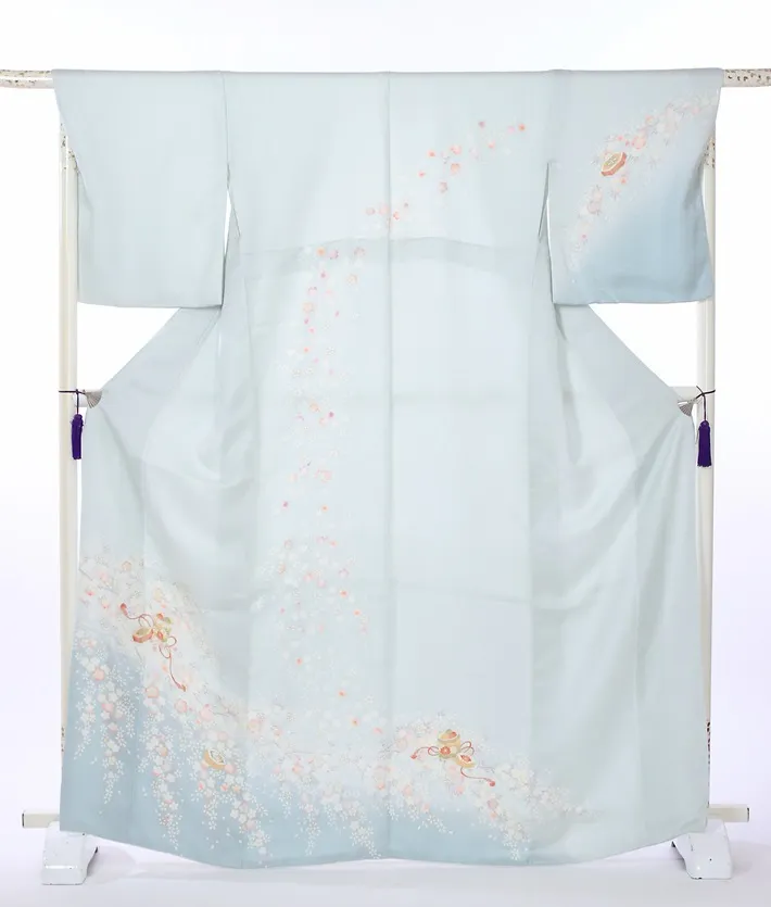 正絹訪問着ﾚ ﾝﾀﾙ 水色 古典 桜貝桶 8AD636