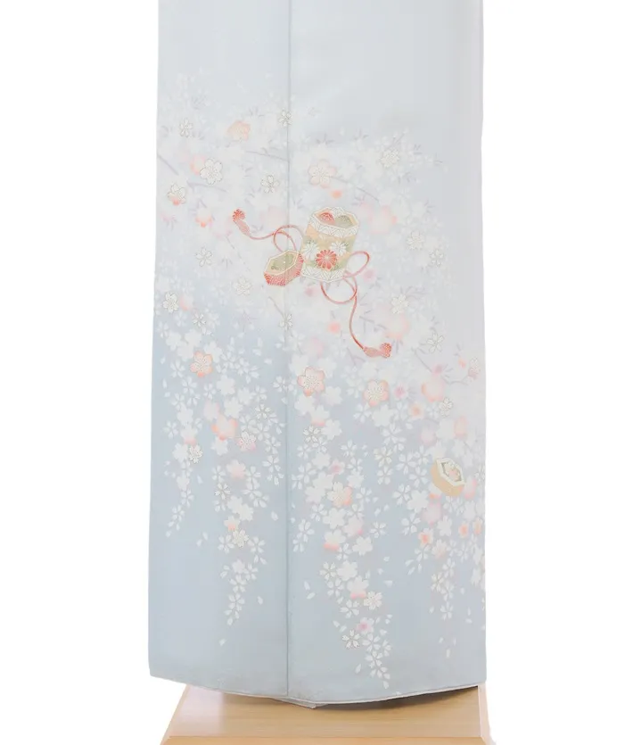 正絹訪問着ﾚ ﾝﾀﾙ 水色 古典 桜貝桶 8AD636