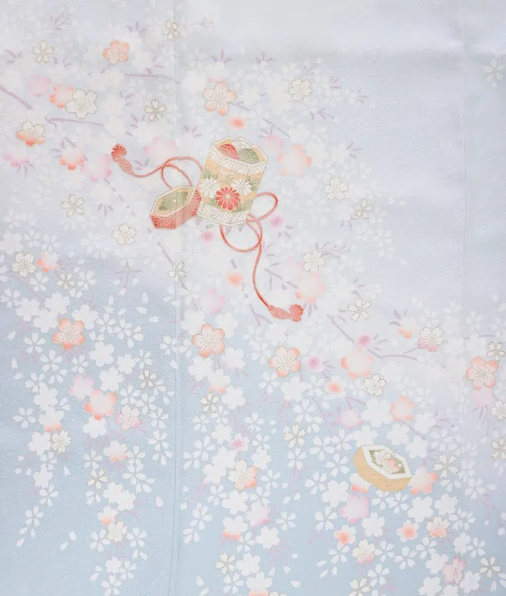 正絹訪問着ﾚ ﾝﾀﾙ 水色 古典 桜貝桶 8AD636