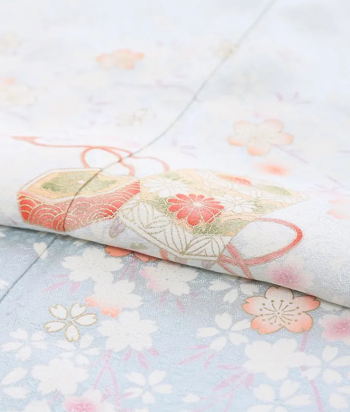 正絹訪問着ﾚ ﾝﾀﾙ 水色 古典 桜貝桶 8AD636