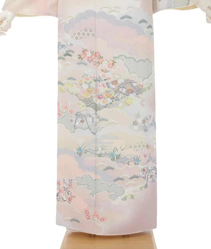 正絹訪問着ﾚ ﾝﾀﾙ クリーム 雲取り 8AD639