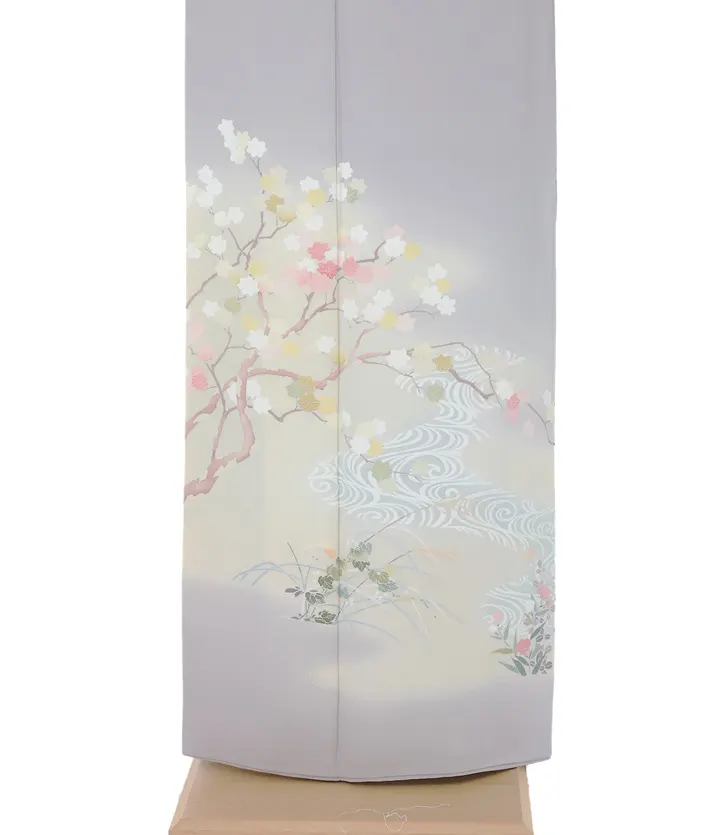 正絹訪問着ﾚ ﾝﾀﾙ グレー 流水 桜 友禅 8AD645