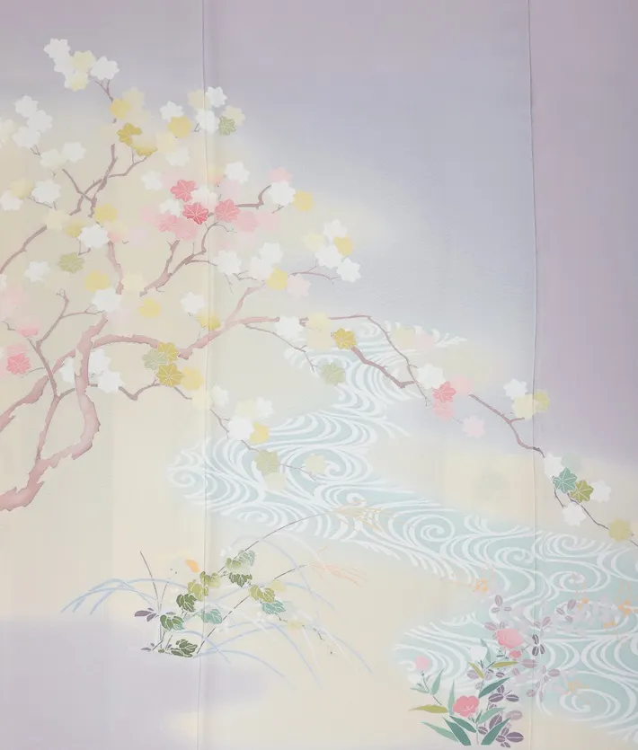 正絹訪問着ﾚ ﾝﾀﾙ グレー 流水 桜 友禅 8AD645