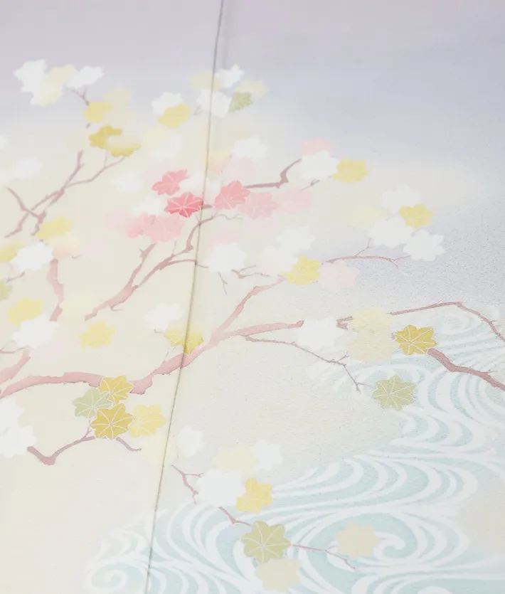 正絹訪問着ﾚ ﾝﾀﾙ グレー 流水 桜 友禅 8AD645