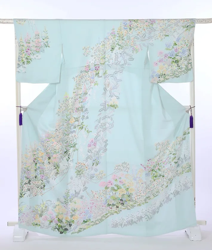 正絹訪問着ﾚ ﾝﾀﾙ 水色 季節草花 京友禅 8AD646