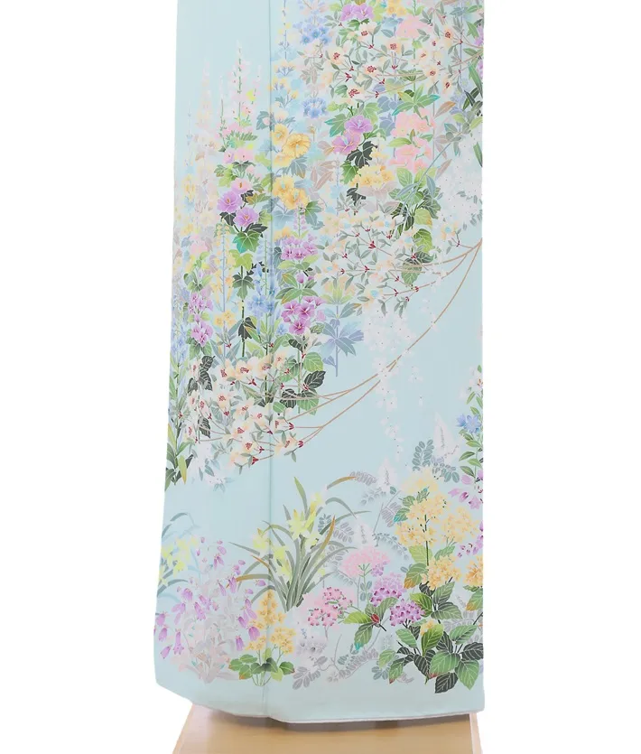正絹訪問着ﾚ ﾝﾀﾙ 水色 季節草花 京友禅 8AD646