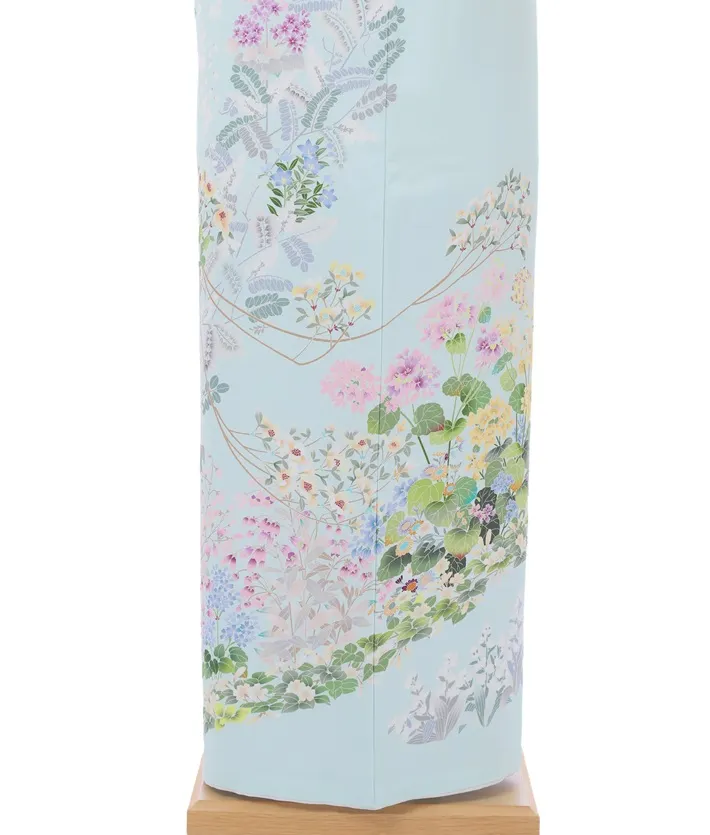 正絹訪問着ﾚ ﾝﾀﾙ 水色 季節草花 京友禅 8AD646