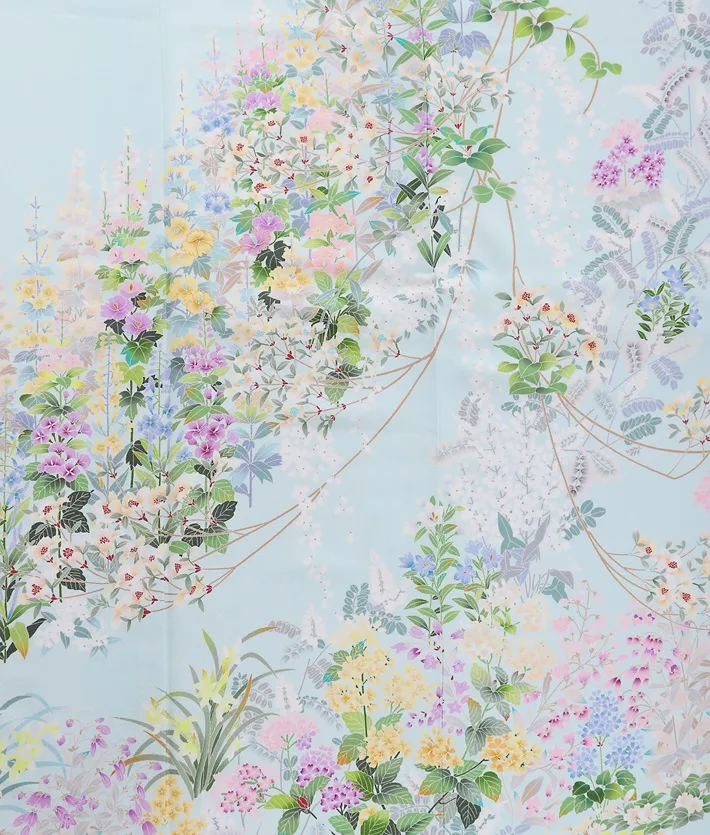 正絹訪問着ﾚ ﾝﾀﾙ 水色 季節草花 京友禅 8AD646