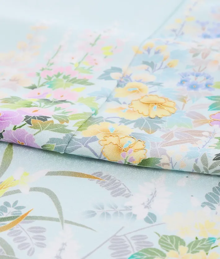 正絹訪問着ﾚ ﾝﾀﾙ 水色 季節草花 京友禅 8AD646