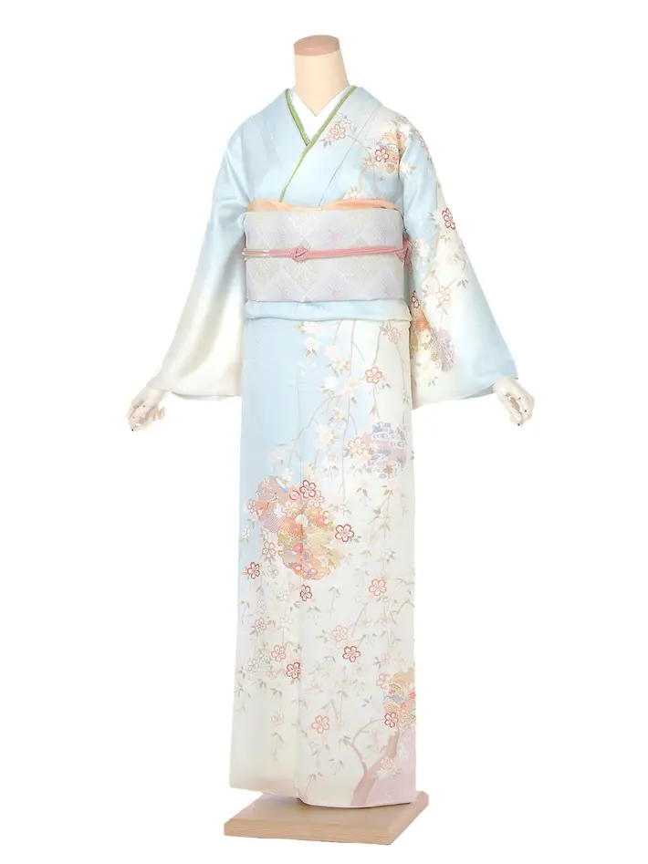 正絹訪問着ﾚ ﾝﾀﾙ 水色 染分け ピンク 雪輪 古典 手毬 8AD659