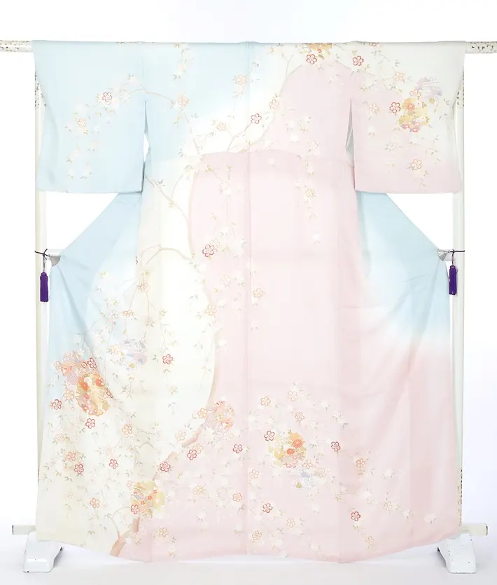 正絹訪問着ﾚ ﾝﾀﾙ 水色 染分け ピンク 雪輪 古典 手毬 8AD659