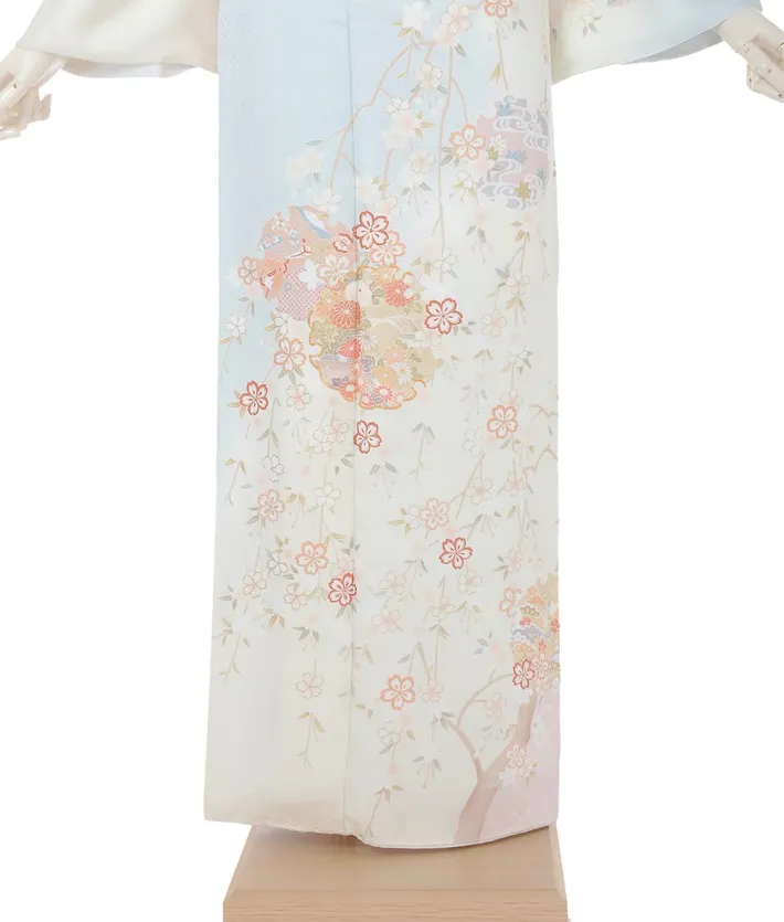 正絹訪問着ﾚ ﾝﾀﾙ 水色 染分け ピンク 雪輪 古典 手毬 8AD659