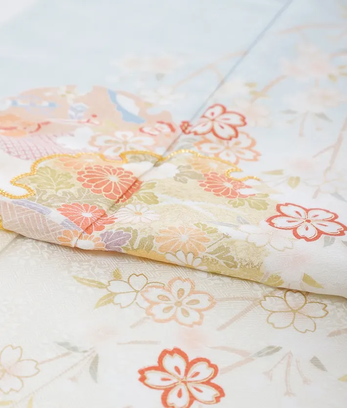 正絹訪問着ﾚ ﾝﾀﾙ 水色 染分け ピンク 雪輪 古典 手毬 8AD659