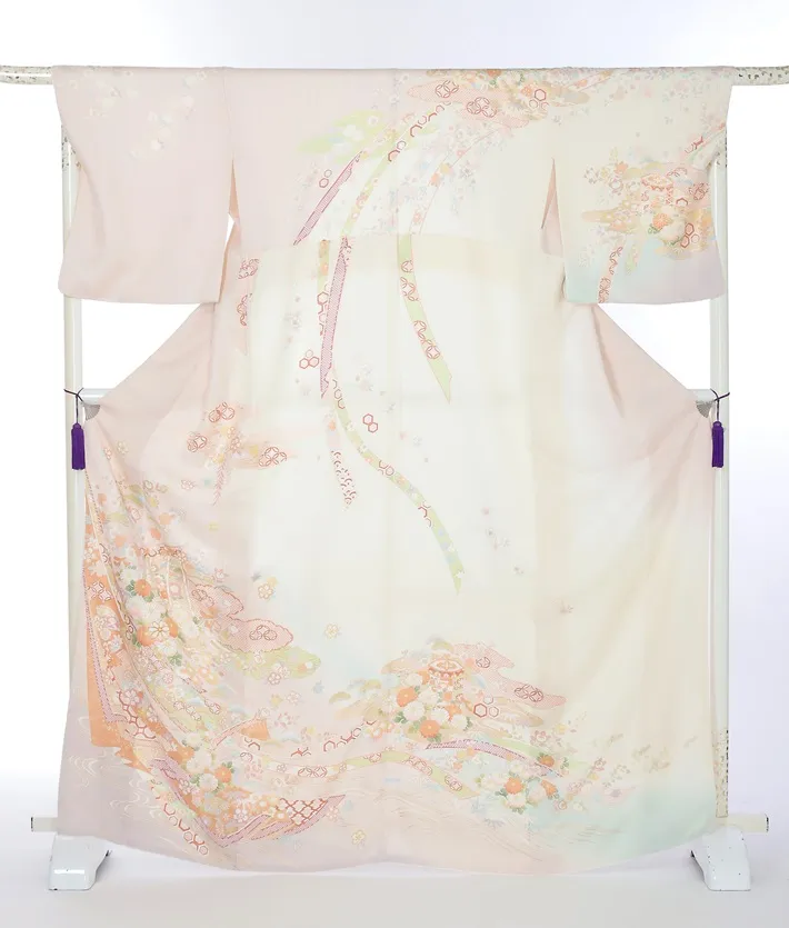 正絹訪問着ﾚ ﾝﾀﾙ ピンク 染分け クリーム 熨斗 几帳 8AD664