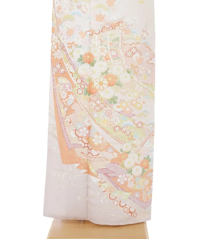 正絹訪問着ﾚ ﾝﾀﾙ ピンク 染分け クリーム 熨斗 几帳 8AD664