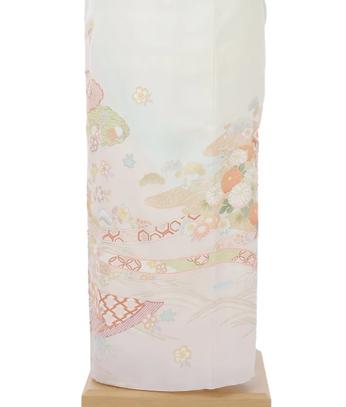 正絹訪問着ﾚ ﾝﾀﾙ ピンク 染分け クリーム 熨斗 几帳 8AD664