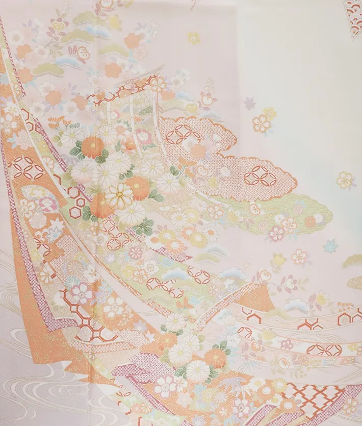 正絹訪問着ﾚ ﾝﾀﾙ ピンク 染分け クリーム 熨斗 几帳 8AD664