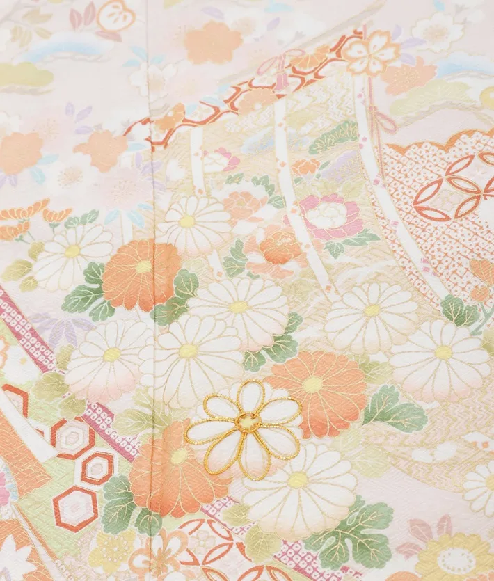 正絹訪問着ﾚ ﾝﾀﾙ ピンク 染分け クリーム 熨斗 几帳 8AD664