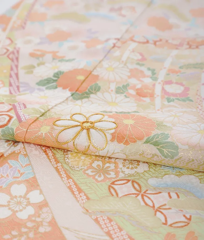 正絹訪問着ﾚ ﾝﾀﾙ ピンク 染分け クリーム 熨斗 几帳 8AD664