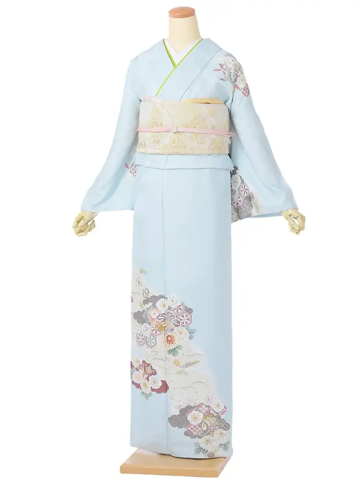 正絹訪問着 雪輪霞に雲取り菊桜 水色 8AD668