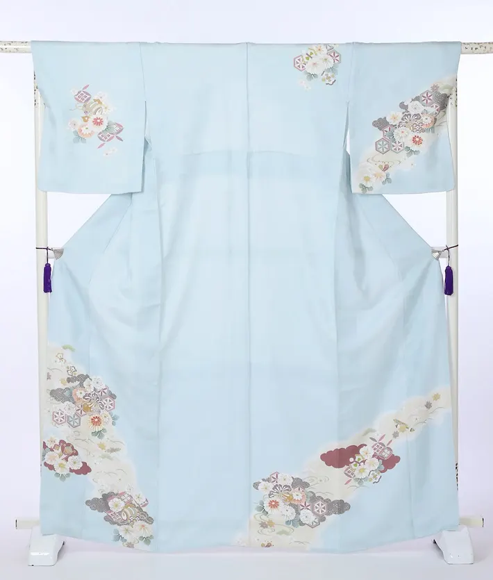 正絹訪問着 雪輪霞に雲取り菊桜 水色 8AD668