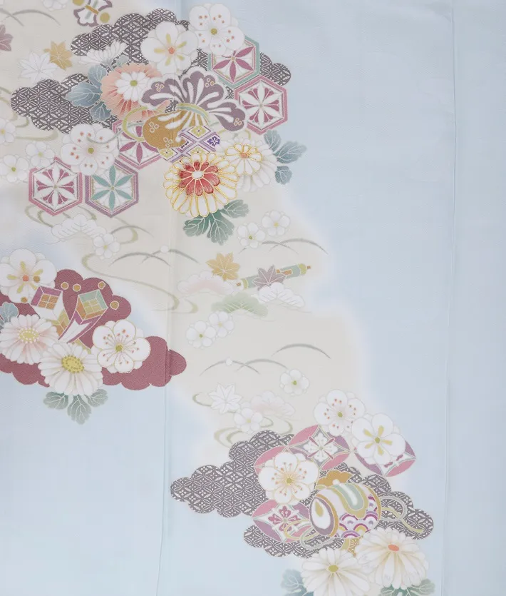 正絹訪問着 雪輪霞に雲取り菊桜 水色 8AD668