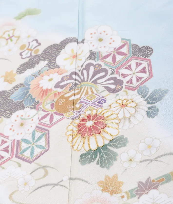 正絹訪問着 雪輪霞に雲取り菊桜 水色 8AD668