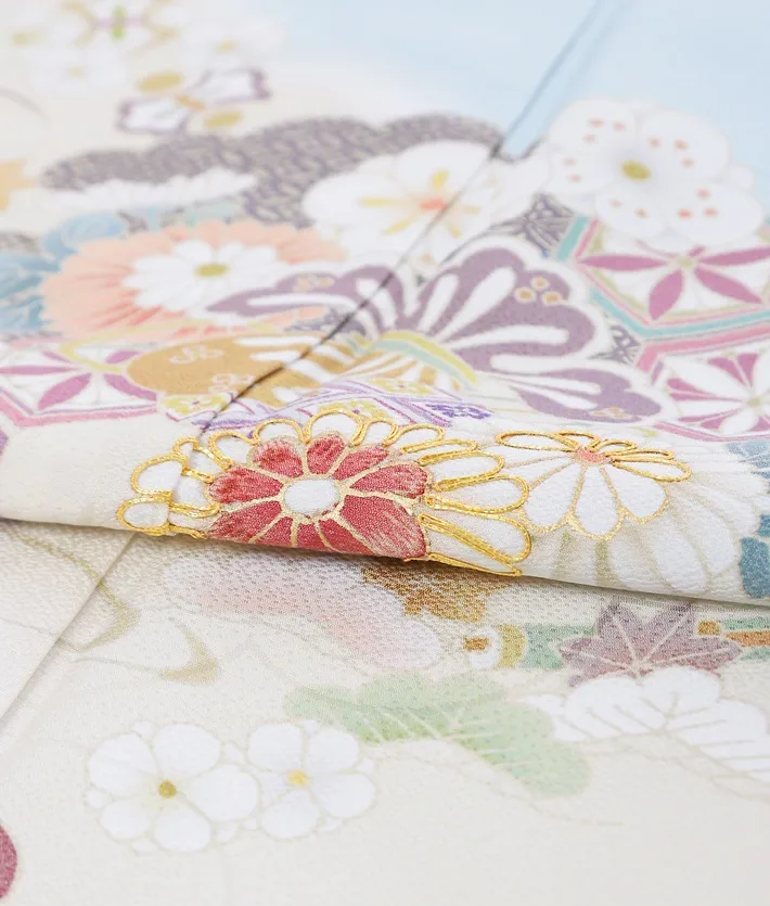 正絹訪問着 雪輪霞に雲取り菊桜 水色 8AD668