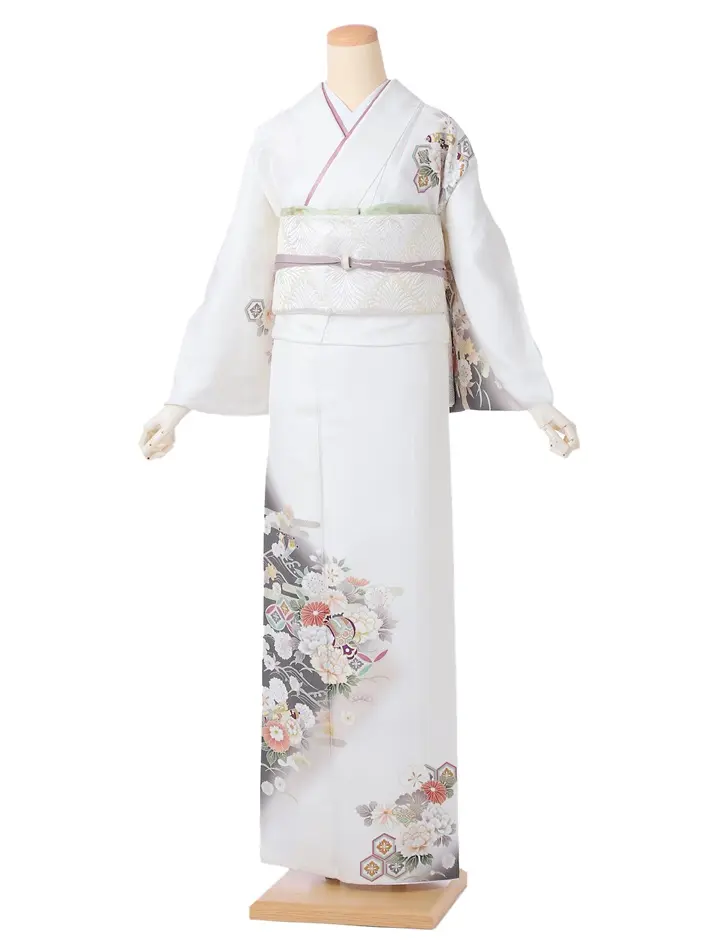 正絹訪問着 白 牡丹 桜 8AD669