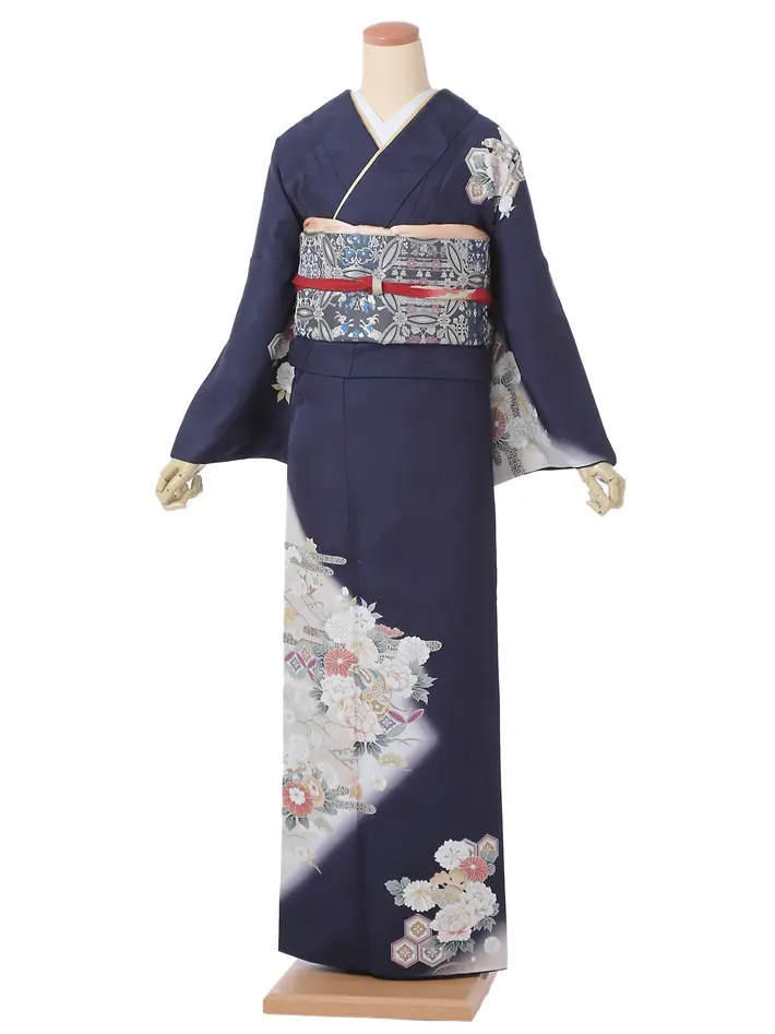 正絹訪問着ﾚ ﾝﾀﾙ 紺 牡丹 桜 8AD670