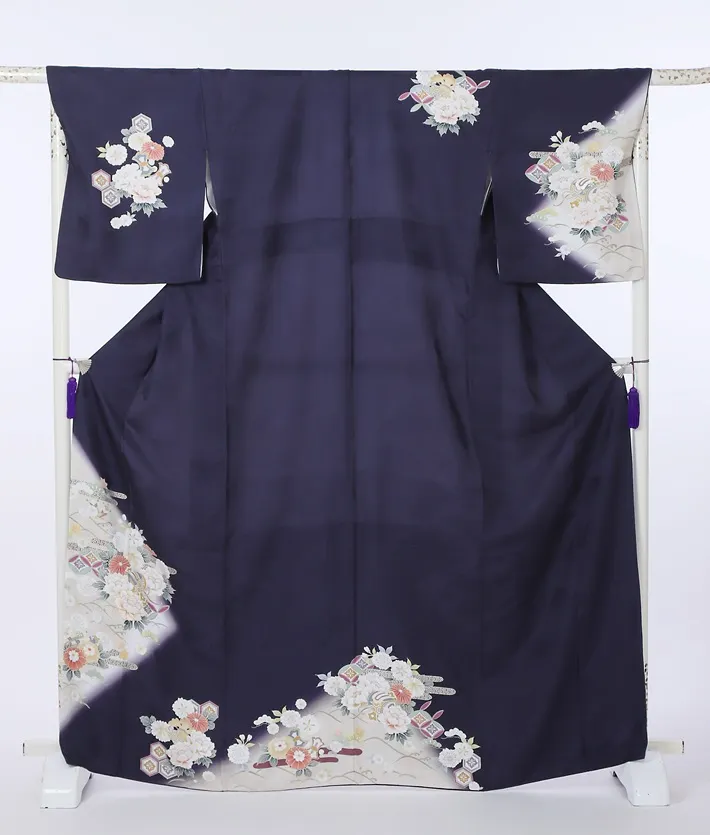 正絹訪問着ﾚ ﾝﾀﾙ 紺 牡丹 桜 8AD670
