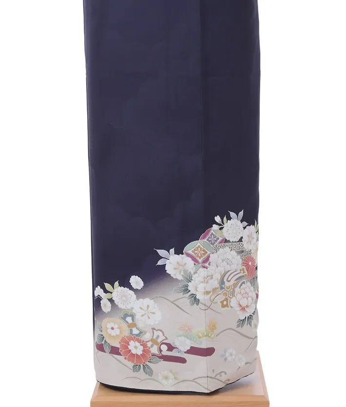 正絹訪問着ﾚ ﾝﾀﾙ 紺 牡丹 桜 8AD670