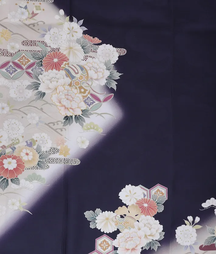 正絹訪問着ﾚ ﾝﾀﾙ 紺 牡丹 桜 8AD670