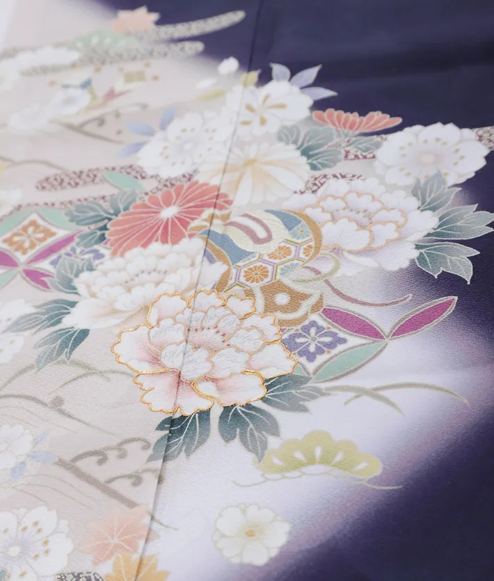 正絹訪問着ﾚ ﾝﾀﾙ 紺 牡丹 桜 8AD670