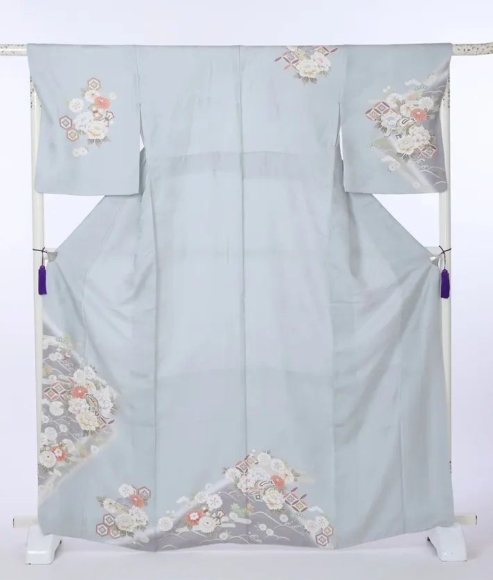 正絹訪問着ﾚ ﾝﾀﾙ グレー 牡丹 桜 8AD671