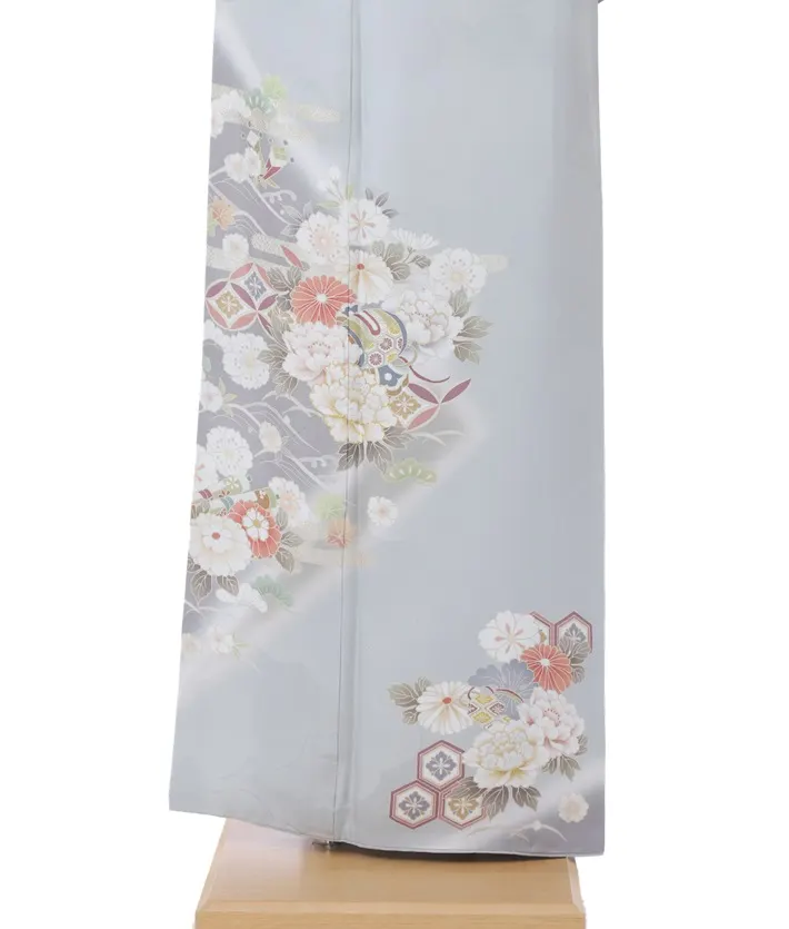 正絹訪問着ﾚ ﾝﾀﾙ グレー 牡丹 桜 8AD671