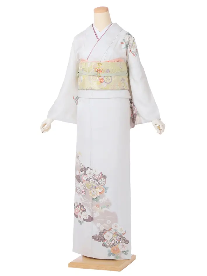 正絹訪問着ﾚ ﾝﾀﾙ 雪輪霞に雲取り菊桜 オフホワイト 8AD672