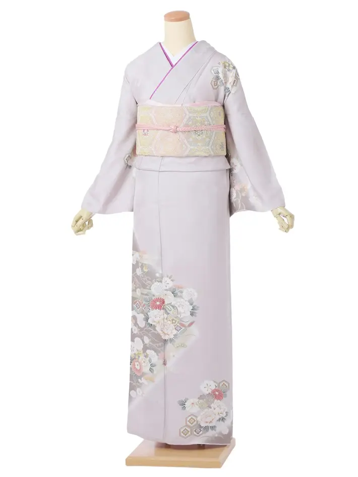 正絹訪問着ﾚ ﾝﾀﾙ 紫 くすみ 牡丹 桜 8AD674