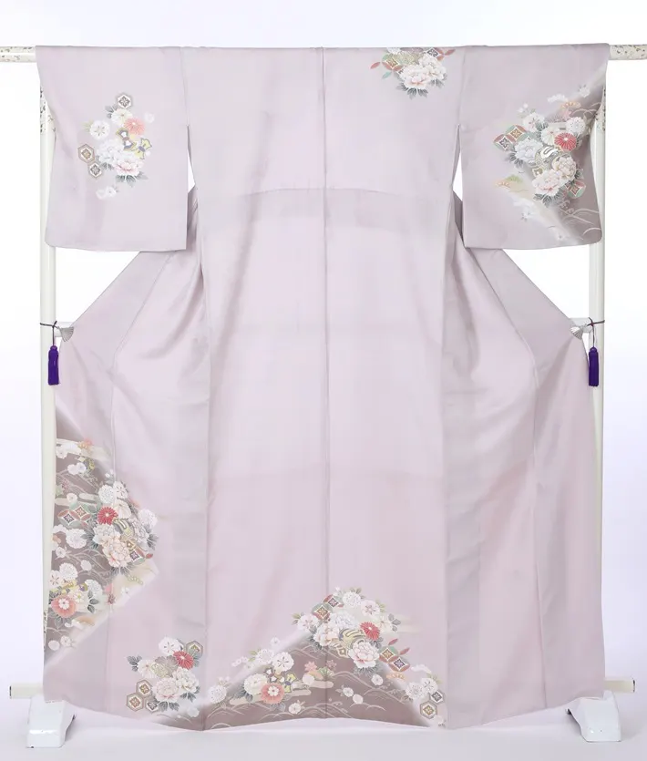 正絹訪問着ﾚ ﾝﾀﾙ 紫 くすみ 牡丹 桜 8AD674