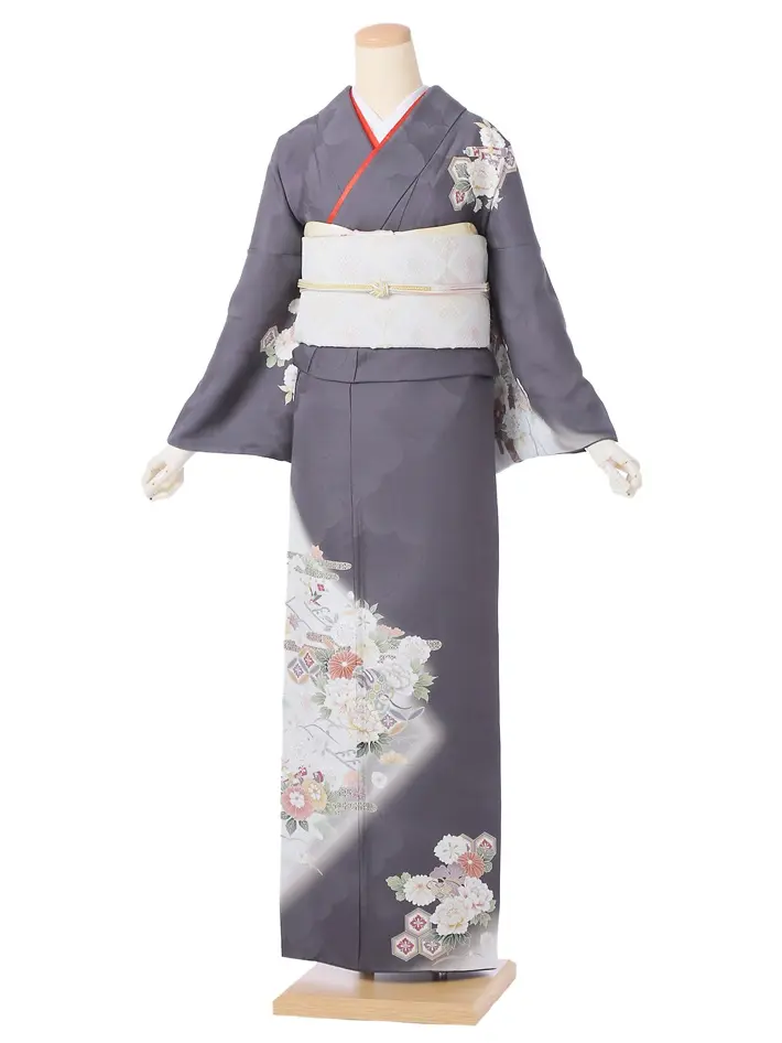 正絹訪問着ﾚ ﾝﾀﾙ 墨黒 グレー 牡丹 桜 8AD676