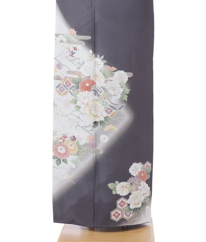正絹訪問着ﾚ ﾝﾀﾙ 墨黒 グレー 牡丹 桜 8AD676