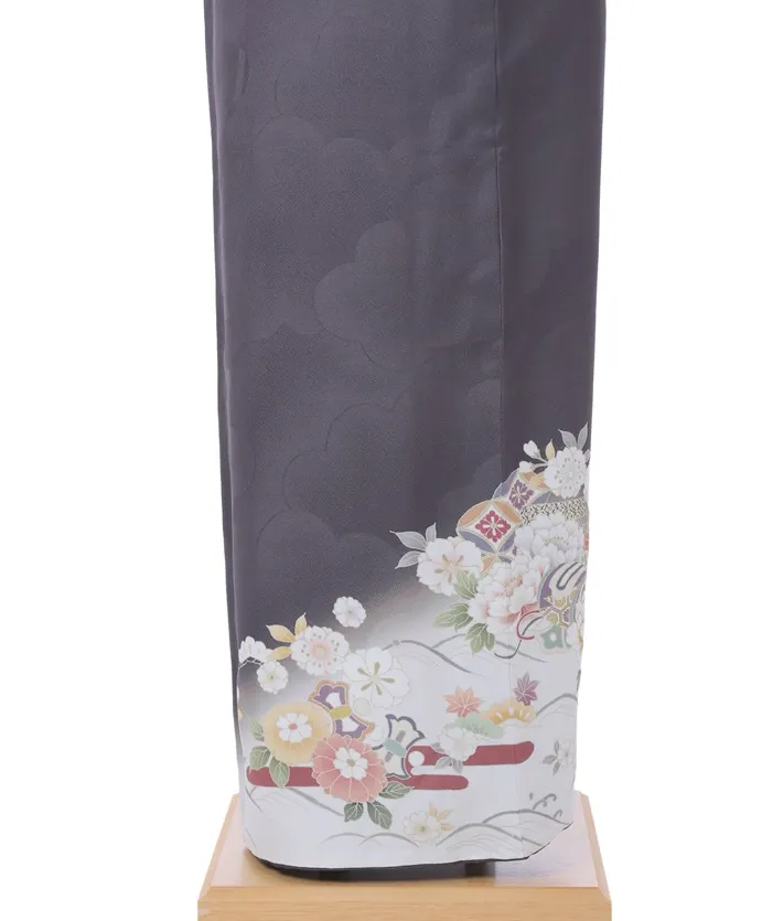 正絹訪問着ﾚ ﾝﾀﾙ 墨黒 グレー 牡丹 桜 8AD676