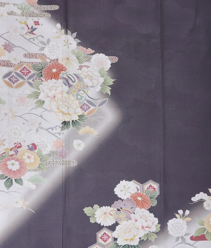 正絹訪問着ﾚ ﾝﾀﾙ 墨黒 グレー 牡丹 桜 8AD676