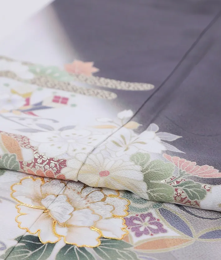 正絹訪問着ﾚ ﾝﾀﾙ 墨黒 グレー 牡丹 桜 8AD676