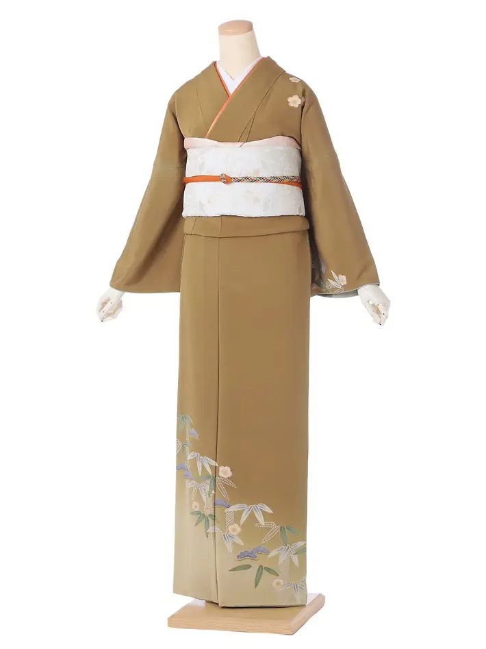 正絹訪問着ﾚ ﾝﾀﾙ 金茶 松竹梅 8AD683