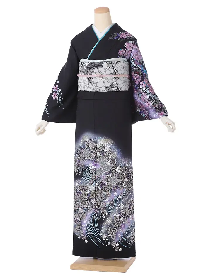 桂由美 訪問着ﾚ ﾝﾀﾙ 黒 金彩 桜 8AD684