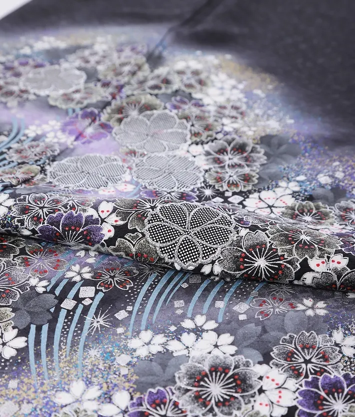 桂由美 訪問着ﾚ ﾝﾀﾙ 黒 金彩 桜 8AD684