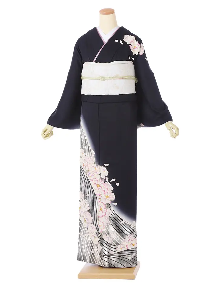 正絹訪問着ﾚ ﾝﾀﾙ 黒 流水 桜 8AD685